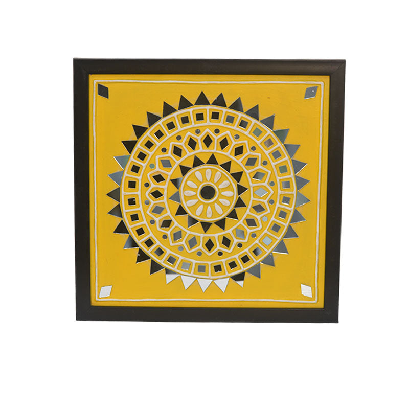 Handmade Lippan Art Wall Frame with Mud Design With Glass Chips YELLOW CIRCLE