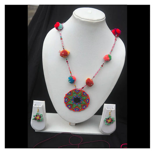 Multicoloured Artisanal Hand Beaded Necklace and Earrings Set