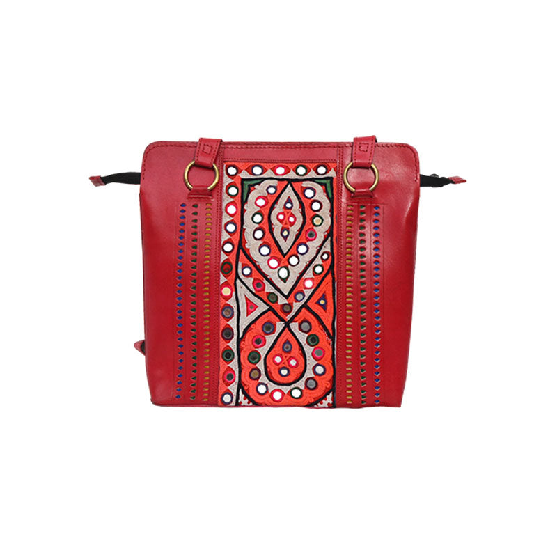 Red Leather shoulder bag with abla design