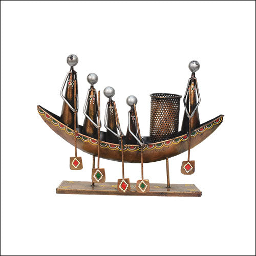 Hand-painted Colour Statue Pencil Pen Holder of 5 Men in a Boat