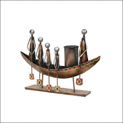Hand-painted color statue pencil pen holder of 5 men in a boat