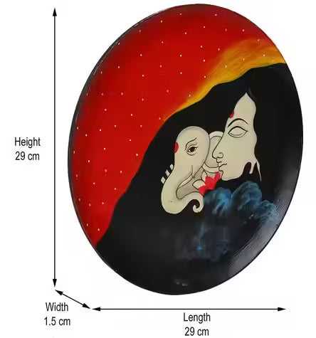 Hand Painted Wooden Wall Plate of Baby Lord Ganesha with his Mother