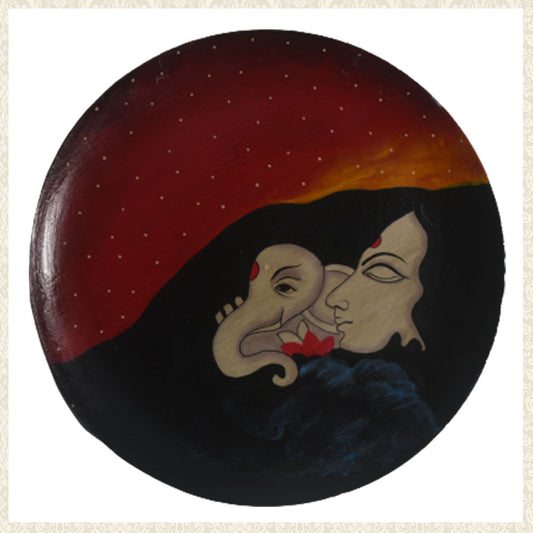 Hand Painted Wooden Wall Plate of Baby Lord Ganesha with his Mother