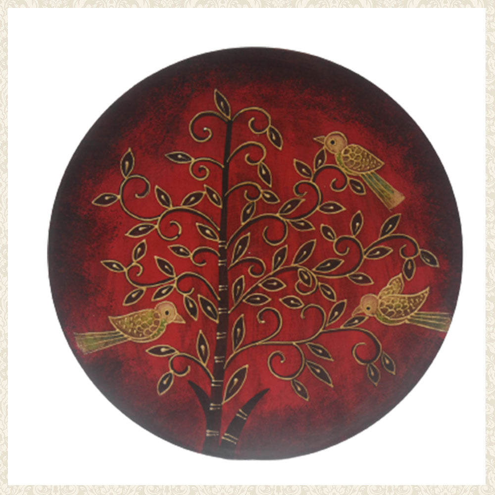 Hand Painted Wooden Wall Plate Red with Birds