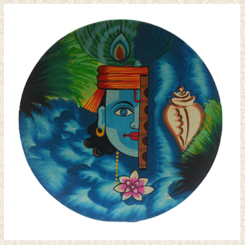 Hand Painted Wooden Wall Plate of Lord Krishna Design