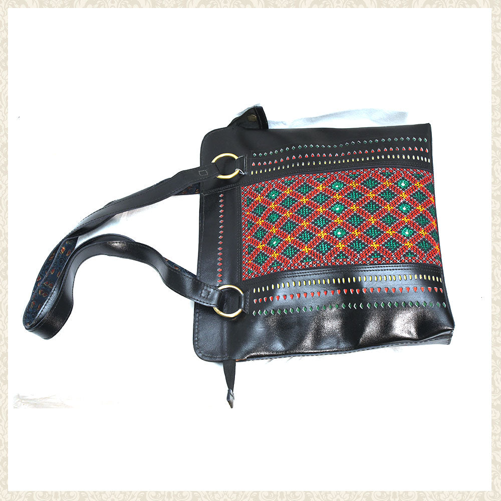 "Get Noticed with Our Blue Leather Shoulder Bag with Abla Design in Multicolour - Sustainable and Ethical"
