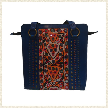 Blue Leather shoulder bag with abla design