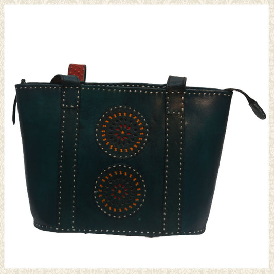 Green Leather Shoulder Bag with Embroidered Circles