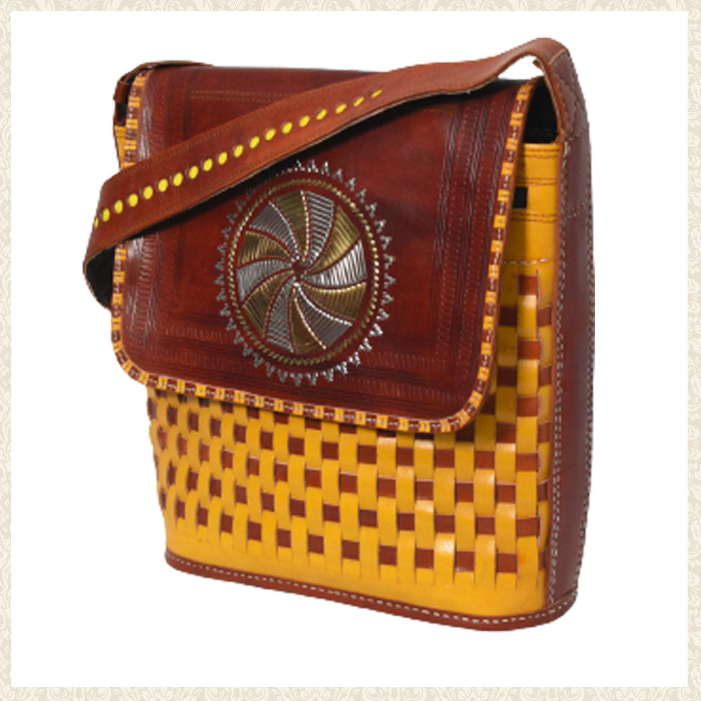 Handmade Brown and Blue Leather Bag with Spiral Design | Chamak Craft and Art