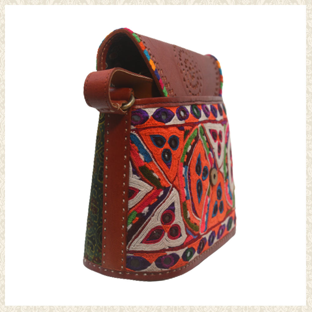Handcrafted Leather and Abla Over the Shoulder Bag | Chamak Craft and Art