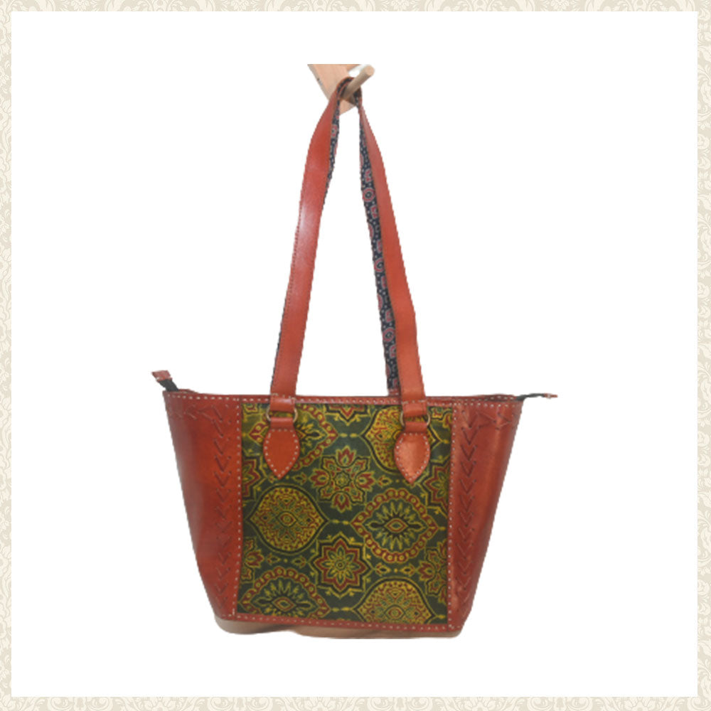 Handmade Brown Over the Shoulder Leather and Mashru Silk Bag with Zipper | Chamak Craft and Art