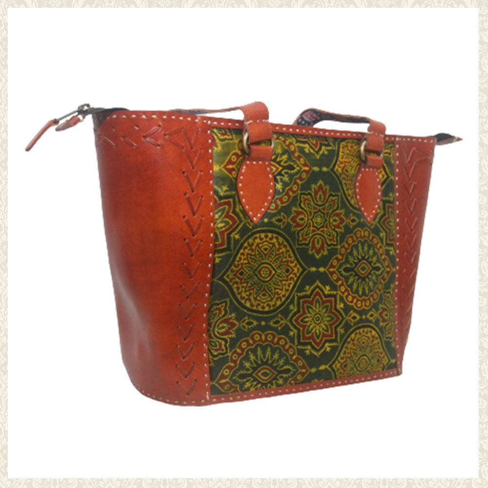 Handmade Brown Over the Shoulder Leather and Mashru Silk Bag with Zipper | Chamak Craft and Art