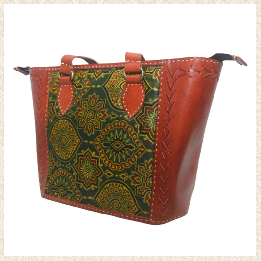 Handmade Brown Over the Shoulder Leather and Mashru Silk Bag with Zipper | Chamak Craft and Art