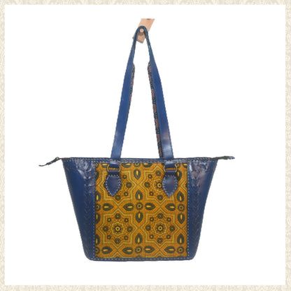 Handcrafted Leather and Mashru Silk Bag with Zipper Blue