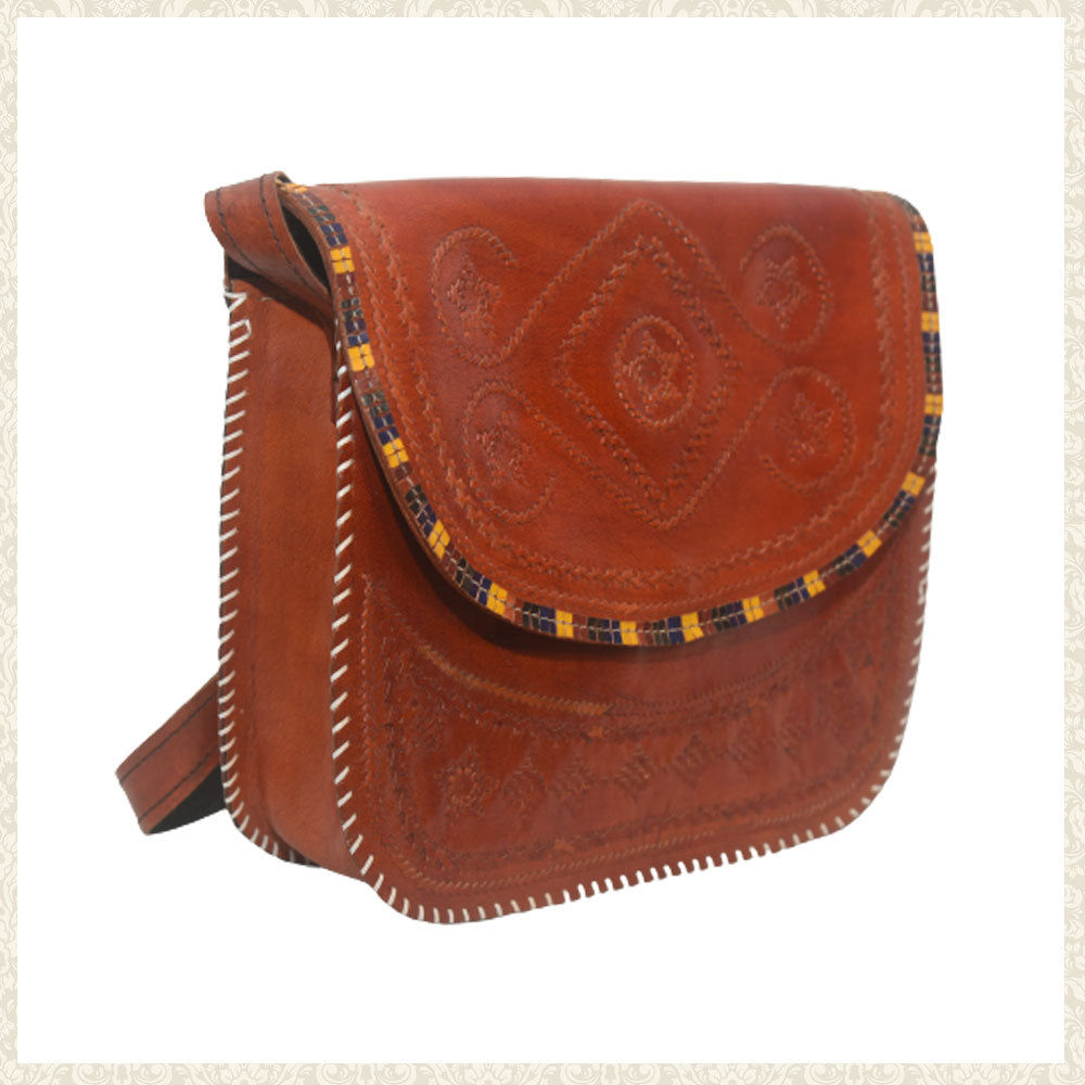 Hand Stitched Over the Shoulder Embroidered Leather Bag | Chamak Craft and Art