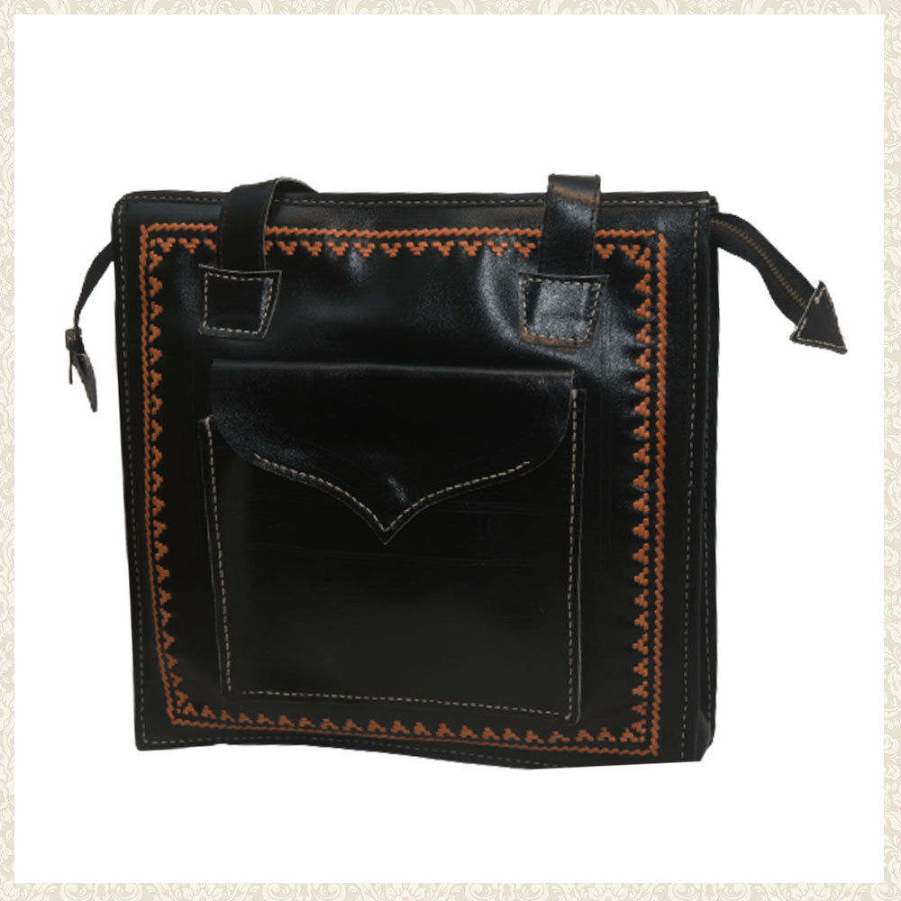 Handmade Spacious Black Leather Bag with Zipper and Outside Pocket | Chamak Craft and Art