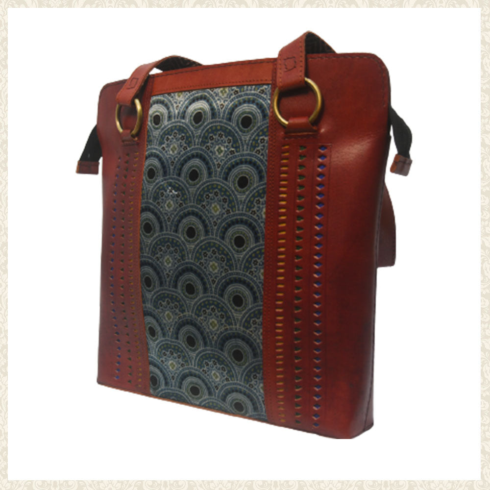 Handmade Brown Leather Shoulder Bag with Mashru Silk Design 