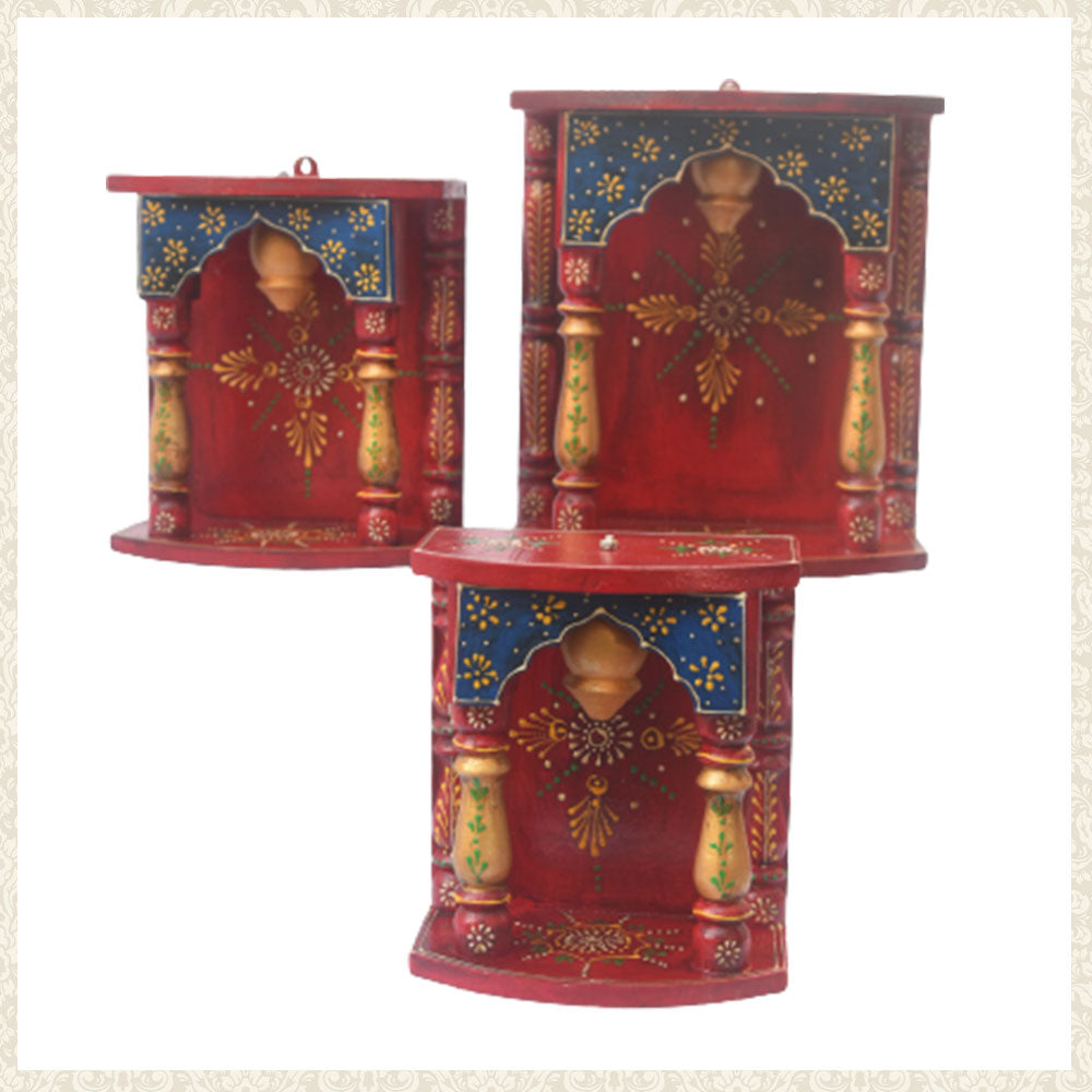 Handmade Multicoloured Wooden Mandir in Three Different Sizes