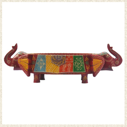 Handmade Teak Wood Tray - Multicoloured with Elephant Design