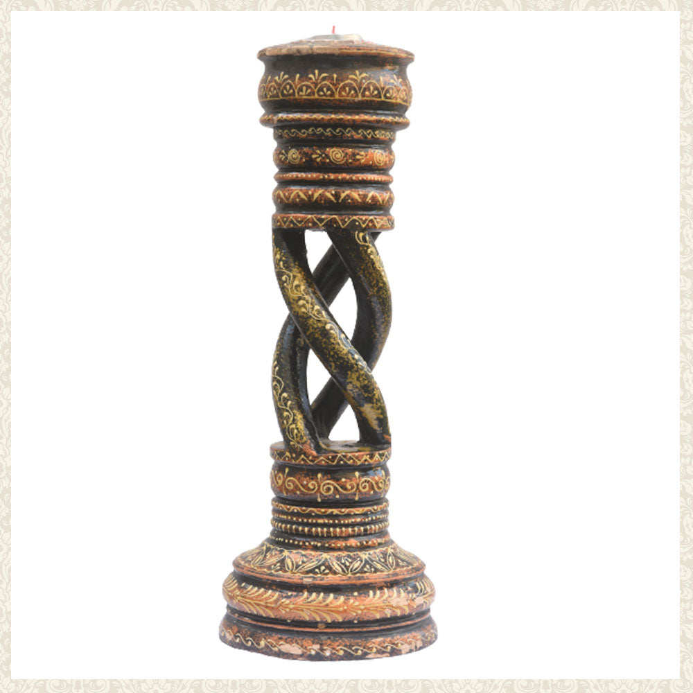 Hand Carved Wooden Candle Holder with Intricate Design