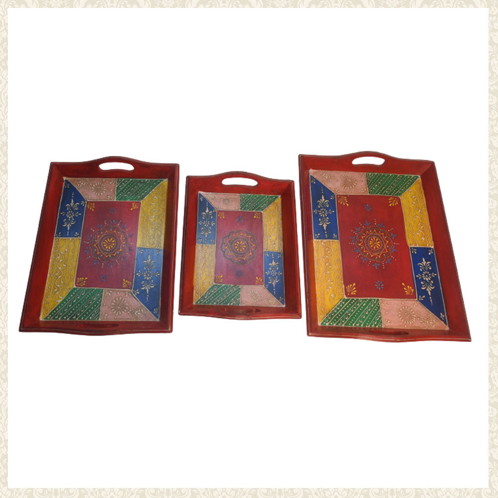 Hand-Painted Wooden Serving Tray Set of 3