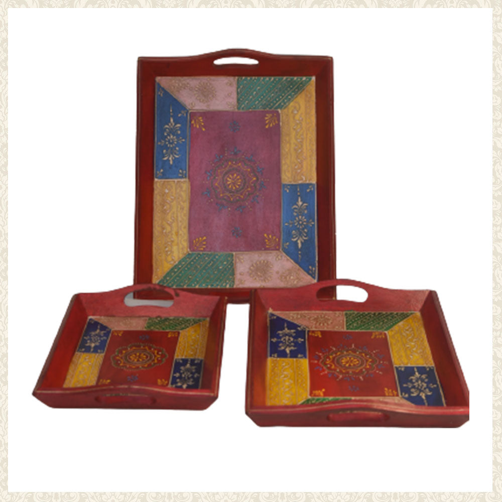 Hand-Painted Wooden Serving Tray Set of 3