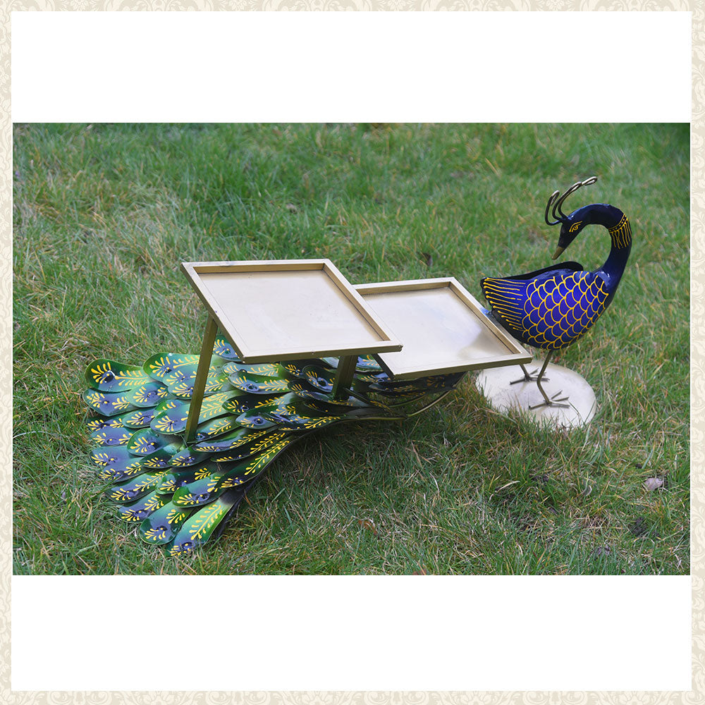Handmade Metal Peacock with 2 Hand-Painted Trays