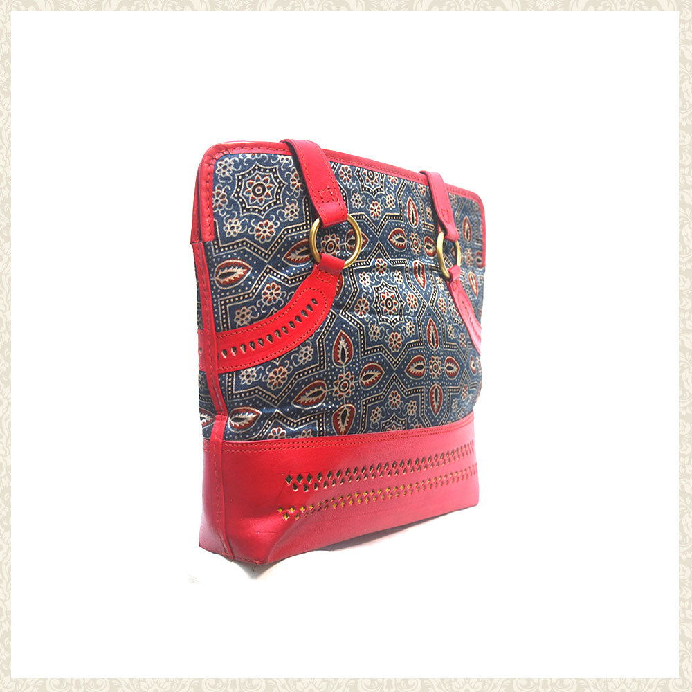 Handmade Red Over the Shoulder Bag with Mashru Silk and Leather - Chamak Craft and Art