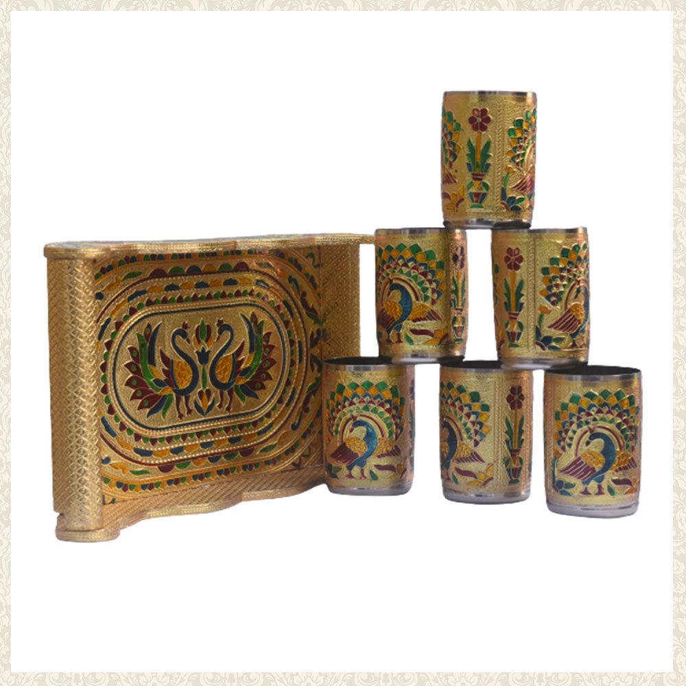 Meenakari Peacock Deigned Tray With Handles And 6 Glasses