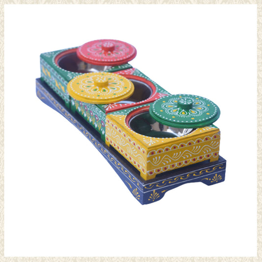 Set of 3 Colourful Decorative Wooden Dry Fruit Box and Tray