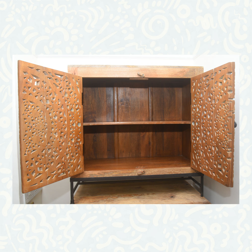 Upcycled Wooden Cupboard with Intricate Hand Carved Doors