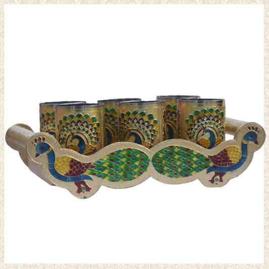 Meenakari Peacock Deigned Tray With Handles And 6 Glasses